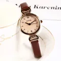 Reloj de cuarzo vintage para mujer con correa de cuero marrón y bisel de diamantes rosa - Café