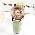 GoGoey women's rhinestone quartz watch with mint green leather strap and rose gold case - Light Green