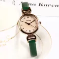 Reloj de cuarzo vintage para mujer con correa de cuero verde oscuro y caja de oro rosa - Verde