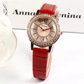 Elegant ladies quartz watch with red crocodile leather strap and rhinestone bezel - Red