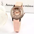 Women's quartz watch with pink faux leather strap and sparkling crystal bezel - Pink