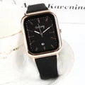 Montre carrée élégante en or rose avec bracelet silicone noir et guichet de date - Noir