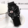Minimalist black quartz watch for men with silicone strap and grey textured dial - Black