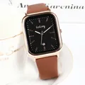 Elegante roségoldene quadratische Uhr mit schwarzem Zifferblatt und braunem Silikonband - Kaffeebraun