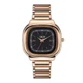Montre à quartz GEDI élégante en or rose avec cadran carré noir et bracelet métallique - Boîtier Or Rose Cadran Noir