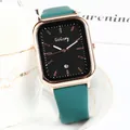 Montre carrée or rose avec bracelet en silicone vert foncé et cadran noir avec date - Vert