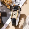 Vintage rectangular gold women's watch with black crocodile leather strap and roman numerals - Black Strap Gold Case