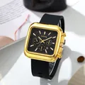 Fashion square quartz watch for men and women with gold case, black dial and rubber strap - Black Strap Gold Case Black Dial