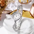 Silver-toned quartz bracelet watch with sparkling rhinestones and carved hollow pattern - White Dial (JW3650) / Silver