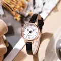 Elegant rose gold quartz watch with white dial and slim black leather strap for women - Black