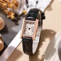 Vintage rectangular quartz watch with rose gold case and black crocodile leather strap - Black Strap Rose Gold Case