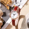 Elegant gold quartz watch with a white numeric dial and a slim dark red leather strap - Red