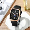 Modieus rechthoekig quartzhorloge met zwarte siliconen band en roségouden kast - Zwart