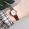 Women's minimalist quartz watch with rose gold case, white dial and brown leather strap - Coffee