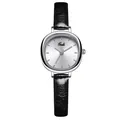 Minimalist women's quartz watch with black leather strap and silver tonneau case - Silver Case White Dial Black Strap