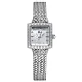 Elegante silberne quadratische Quarzuhr für Damen mit Perlmuttzifferblatt und Mesh-Band - Silbergehäuse Weißes MOP-Zifferblatt Silbernes Fischgräten-Mesh-Armband