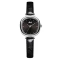 Elegant vintage small oval silver watch with black leather strap and textured dial - Silver Case Black Dial Black Strap