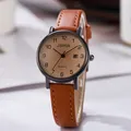Classic quartz watch with brown leather strap and large digital dial calendar - Coffee