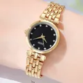 GEDI luxe dameshorloge met gouden schakelarmband en zwarte wijzerplaat met 12 diamanten - Gouden Kast Zwarte Wijzerplaat