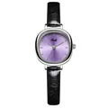 Women's quartz watch featuring a purple sunburst dial and black leather strap with silver case - Silver Case Purple Dial Black Strap