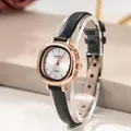 Reloj elegante de mujer con caja de oro rosa, esfera blanca y correa de cuero negro - Forma de Cojín / Correa Negra Esfera Blanca
