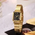 Macro view of a square gold watch with a black textured dial and Roman numerals - Gold Band Black Dial