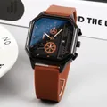 Men's fashion watch with large octagonal metal case and brown silicone strap - Coffee