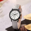 Detail view of BARSH leather watch with triple sub-dials and animal texture strap - Gray