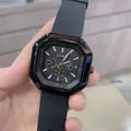 Reloj de cuarzo octogonal negro de moda con correa de silicona y tres subesferas funcionales - Negro