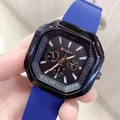 Reloj cuadrado negro moderno con correa de silicona azul y funciones de cronógrafo - Azul