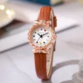 Elegant rose gold women's watch with brown leather strap and crystal hour markers - Bowknot Style / Coffee Strap Gold Case White Dial