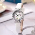 Detailed close-up of a round silver watch dial with colorful rhinestones and white leather strap - White Strap Silver Case White Dial
