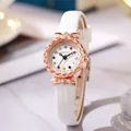 Detail of rose gold watch with colorful gemstone markers and rhinestone bow elements - Bowknot Style / White Strap Gold Case White Dial