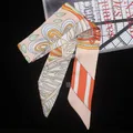 Bohemian leaf striped silk twilly scarf for handbag handle and hair styling on black background - Beige Orange Print (C138-2)