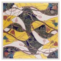 Luxurious 90cm silk scarf featuring equestrian belts, chains, and tassels on yellow background - Navy Blue