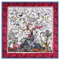 Detailed close-up of large twill silk scarf featuring forest animals and tree of life - 130cmx130cm / Navy Blue