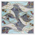Silk-like square scarf 90cm with chain strap tassels and paisley print in blue and gold - Sky Blue