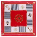 90x90cm nautical silk scarf featuring classic red anchors, helms and striped patterns - Red
