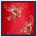 Classic 90x90cm red floral satin square scarf with elegant peony print and navy border - Large Square / Burgundy