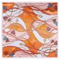 Silk-textured square scarf with retro leather straps, gold chains, and tassels pattern - Orange