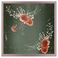 Satin silk scarf featuring a dark green background with blooming red roses and white flowers - Large Square / Dark Green