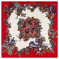 Square red and beige silk scarf featuring intricate colorful paisley patterns for women - Red