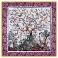 Detailed close-up of tree of life pattern with wild animals on square silk scarf - 130cmx130cm / Khaki