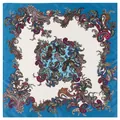 Blue and white 100cm square silk scarf featuring vibrant paisley floral patterns - Dark Green