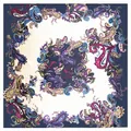 90cm Navy blue and white paisley print silk scarf with vibrant colorful floral patterns - Navy Blue