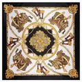 Baroque style 90cm square silk scarf with gold chain and horseshoe patterns on white base - 90cm*90cm / Black