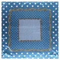 Elegant 90cm square silk scarf with blue polka dots, gold chains, and stripes - Blue