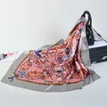 Pink silk-like square scarf 90cm featuring colorful floral and bird prints with satin borders - Pink Base Gray Edge Bird Style (90cmx90cm) / Gray