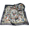 Detailed close-up of retro floral and berry patterns on a 90cm square silk-feel scarf - Retro Floral Berry Style (90cmx90cm) / Grey Edge