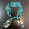 Close-up of dark green satin scarf featuring vibrant snake, bee and floral patterns - Dark Green Tiger Snake (C141-1)